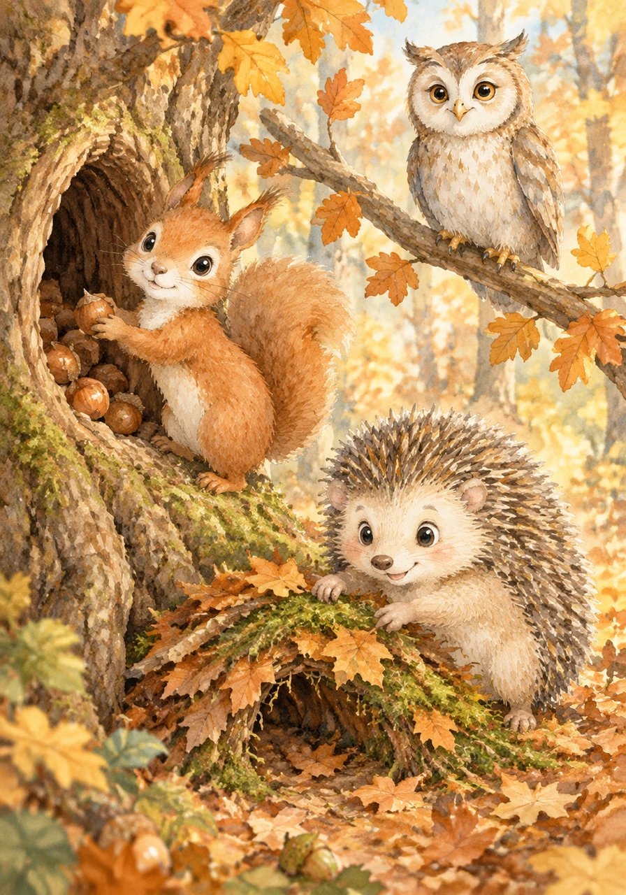 Nach dem wilden Spiel beginnen die Freunde, Vorräte für die kalten Tage zu sammeln. Fips versteckt geschickt kleine Nüsse in einer Baumhöhle, während Pieks sich ein gemütliches Winterquartier aus Moos und trockenem Laub baut. Sie helfen sich gegenseitig und teilen fleißig all ihre Fundstücke.
