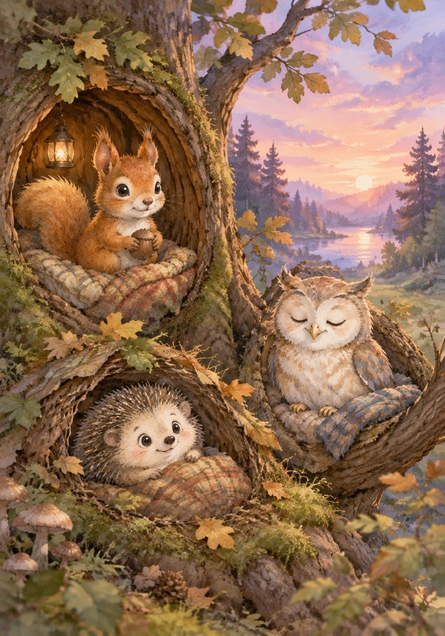 Als der Nachmittag langsam vergeht, färbt die untergehende Sonne den Himmel in sanfte Lila- und Rosatöne. Der Wind wird etwas frischer, und die Tiere des Waldes ziehen sich langsam in ihre warmen Verstecke zurück. Ein Gefühl von Ruhe und Geborgenheit breitet sich zwischen den Bäumen aus.