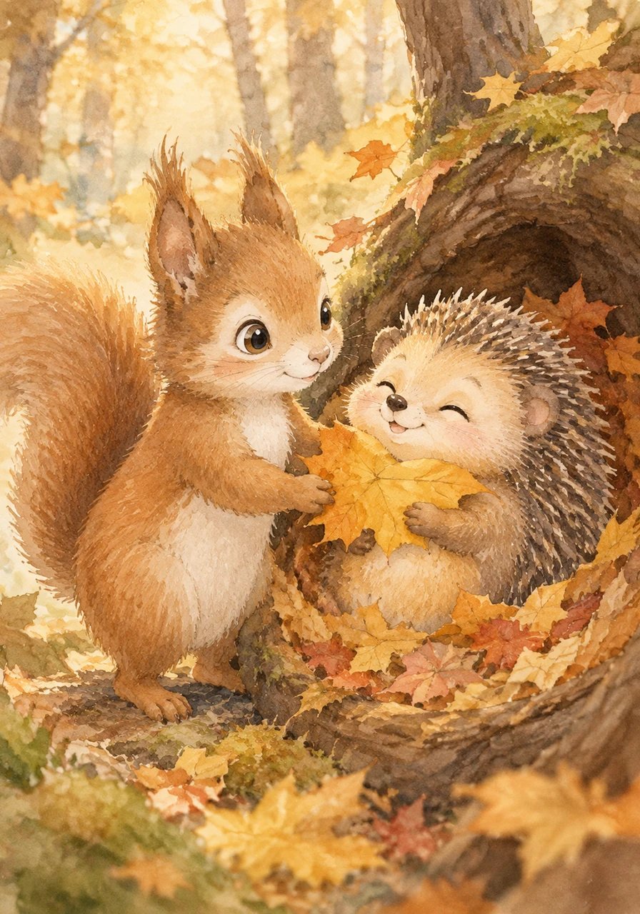 Fips schenkt seinem Freund Pieks das goldene Herbstblatt als Decke für sein kuscheliges Igelnest. Pieks bedankt sich herzlich mit einer warmen Umarmung, bevor er sich müde in sein Laubversteck kuschelt. Fips spürt ein tiefes Glücksgefühl in seinem Herzen, weil er seinen Freund glücklich gemacht hat.