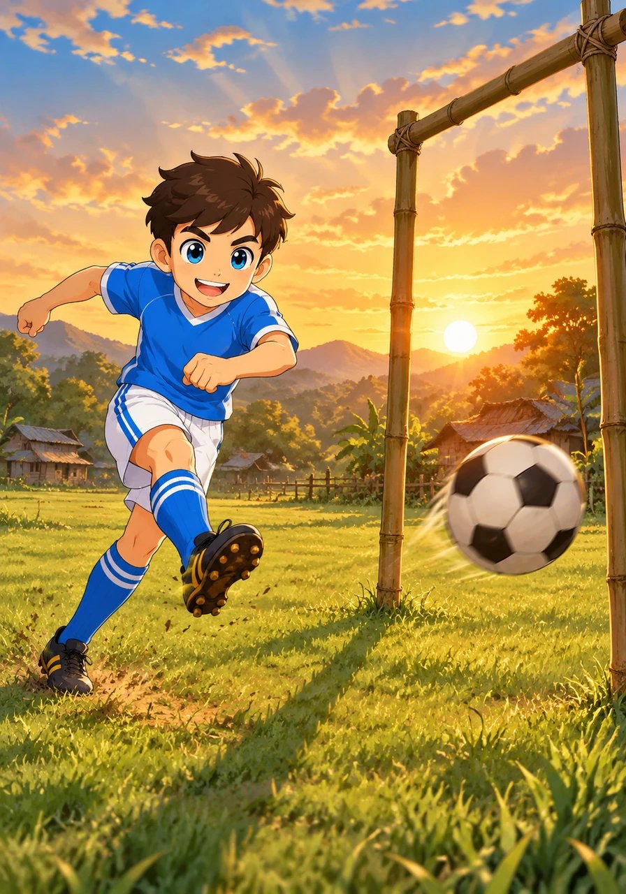 Di sebuah desa kecil yang asri, Rio menghabiskan setiap sore berlari di lapangan rumput bersama bola kulit kesayangannya. Saat matahari mulai terbenam, bayangannya memanjang di tanah, menembakkan bola ke gawang sederhana yang terbuat dari dua bambu. Di dalam hatinya, Rio memendam impian besar untuk menjadi pemain sepak bola profesional suatu hari nanti.