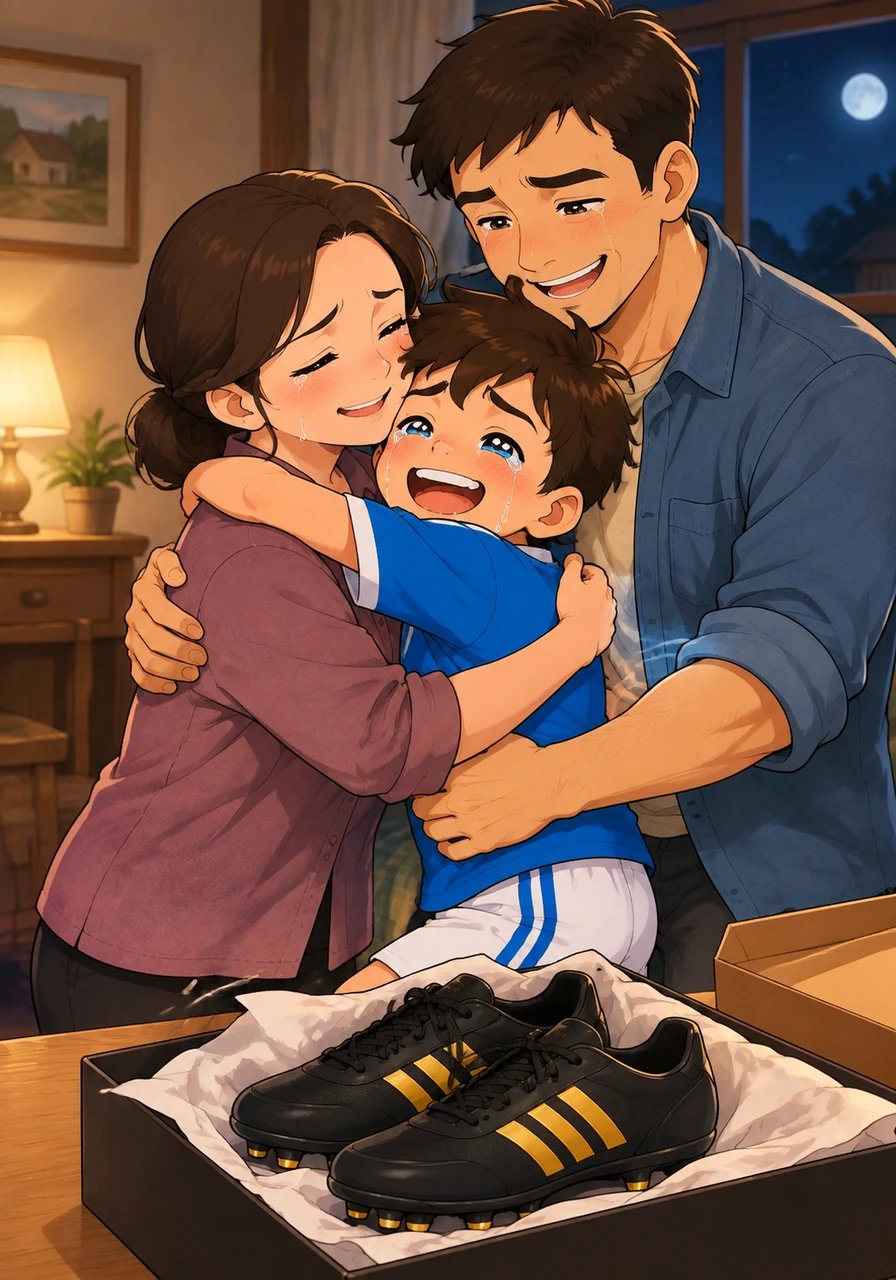 Melihat tekad membara di mata anak mereka, orang tua Rio memberikan sebuah kejutan istimewa di malam hari. Mereka memberikan sepasang sepatu sepak bola baru bergaris emas yang dibeli dari hasil tabungan sederhana mereka. Rio memeluk orang tuanya erat-erat dengan air mata bahagia mengalir di pipinya.