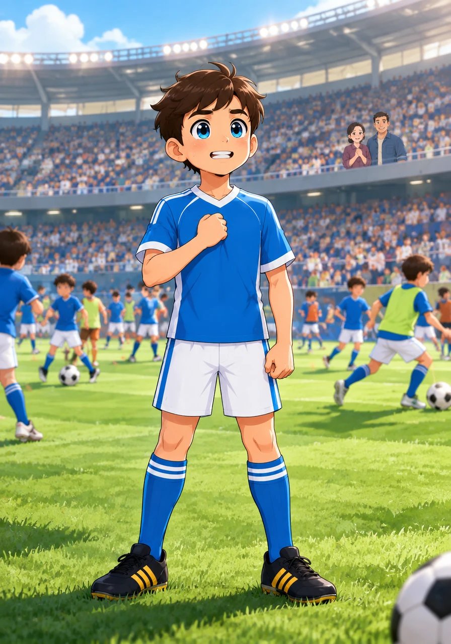 Hari seleksi akhirnya tiba di stadion megah berumput hijau segar yang dipenuhi ratusan anak dari berbagai daerah. Rio berdiri di tengah lapangan, dadanya berdebar kencang saat melihat begitu banyak pemain berbakat lainnya. Namun, ia menarik napas dalam-dalam dan mengingat semua latihan keras yang telah ia lalui.