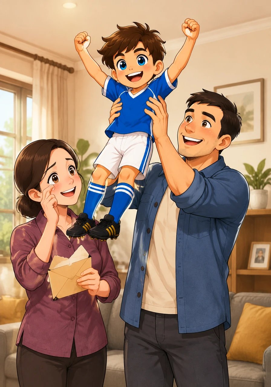Beberapa hari kemudian, sebuah surat resmi tiba di rumah Rio membawa kabar yang amat dinantikan. Rio berhasil lolos seleksi dan resmi diterima sebagai anggota baru Akademi Sepak Bola Remaja. Ibu Rio meneteskan air mata haru, sementara ayahnya menggendong Rio tinggi-tinggi dalam perayaan penuh suka cita.