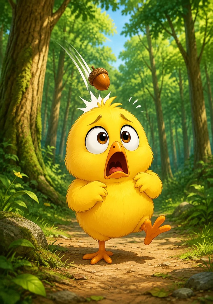 Pip the little chick wandered happily into the quiet green forest on a bright morning, admiring the tall rustling trees. Suddenly, a tiny acorn fell from a high branch and tumbled right onto his head with a gentle thud. Shocked by the surprise, Pip looked up at the vast blue canopy and gasped in terror, convinced that a piece of the sky had broken off and fallen down.