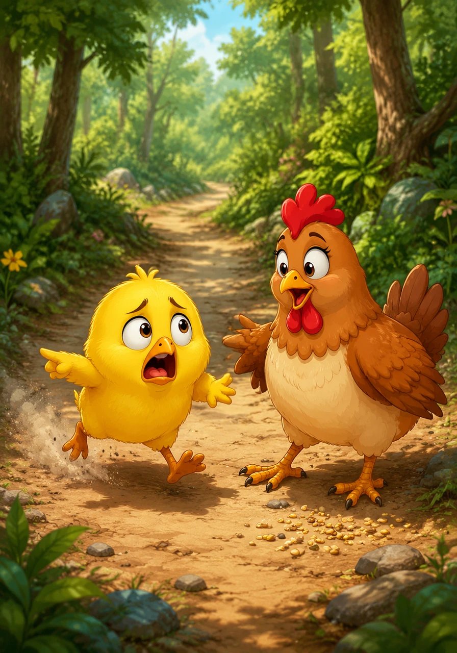 Spurred by fear, Pip scrambled down the winding forest path as fast as his small yellow legs could carry him, determined to warn the king. Along the trail, he ran into a cheerful hen pecking for seeds in the dirt. When the hen asked where he was hurrying, Pip declared that the sky was falling and he must inform the royal court, prompting the worried hen to join his urgent journey.