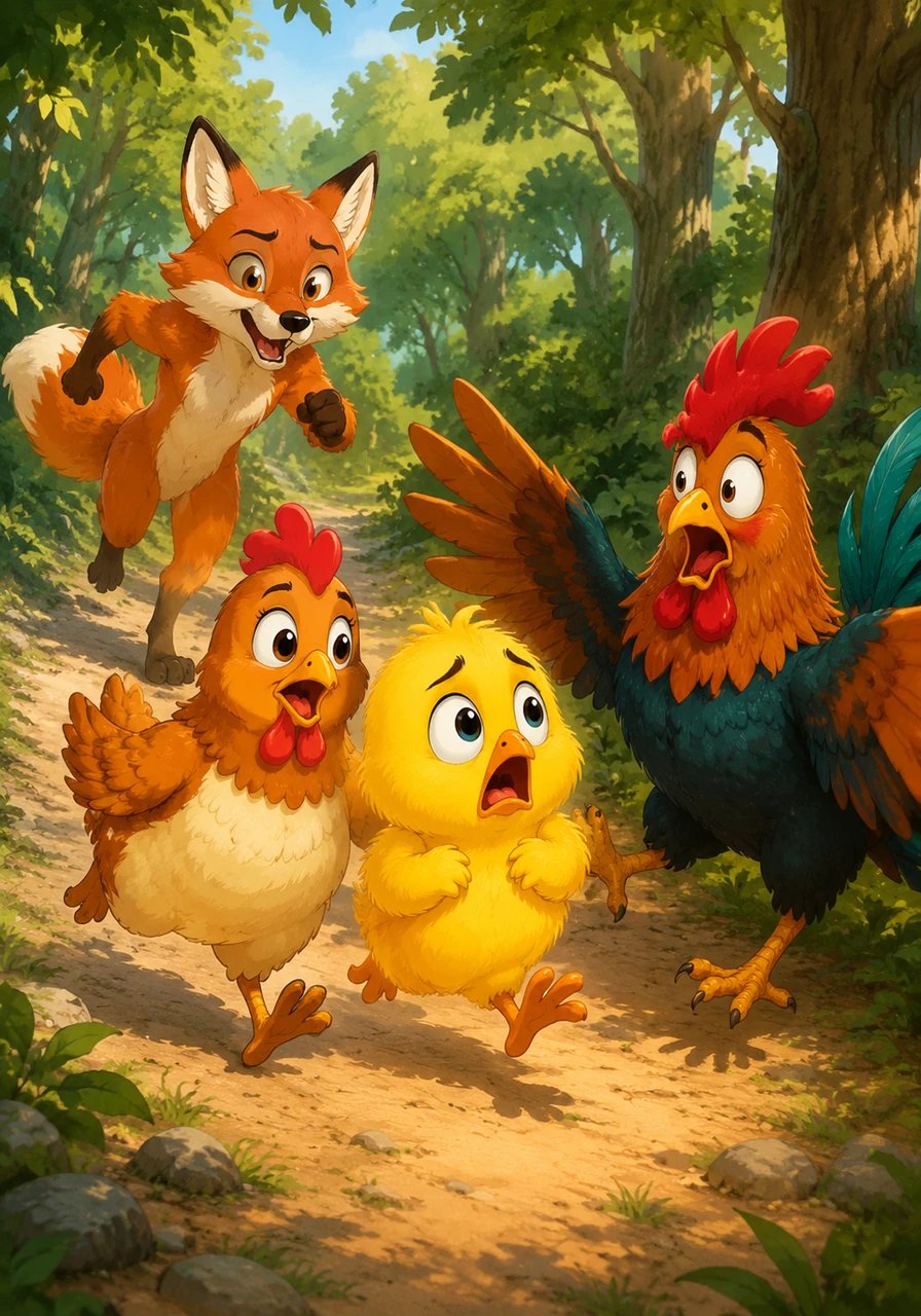 The panicked pair hurried along the path until they met a proud rooster strutting near a sunny clearing. The rooster crowed with curiosity and asked the feathered travelers where they were rushing off to so fast. Upon hearing that the sky was tumbling down on little Pip, the rooster flapped his wings in alarm and eagerly joined their mission to the palace.