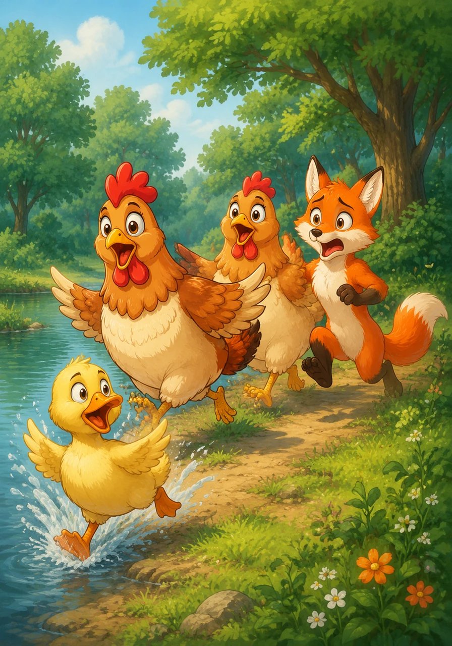 Moving as a bustling group of three, they soon arrived at a calm woodland pond where a plump duck was swimming. Seeing his friends marching by in a frenzy, the duck quacked in surprise and asked what could possibly be wrong. The rooster breathlessly announced that the sky was falling on Pip, inspiring the anxious duck to splash out of the water and waddle alongside them.