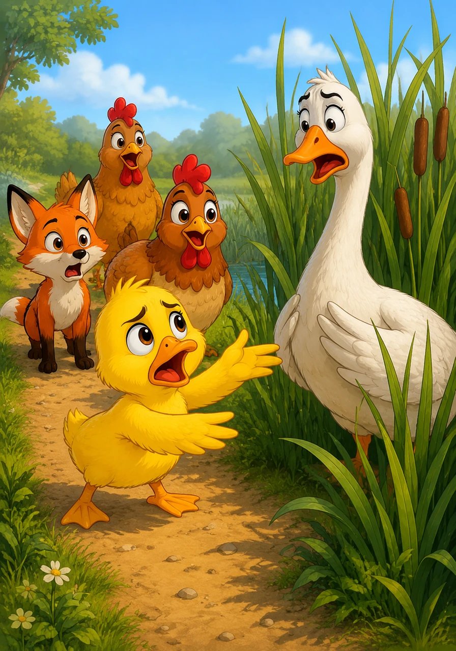 Further along the trail, the parade of worried feathered friends encountered a grand goose standing by the tall reeds. The goose squawked in confusion and asked where the noisy procession was heading in such a hurry. The duck hastily explained the terrifying disaster, warning that the sky had already begun to collapse, which convinced the goose to fall into line behind the others.