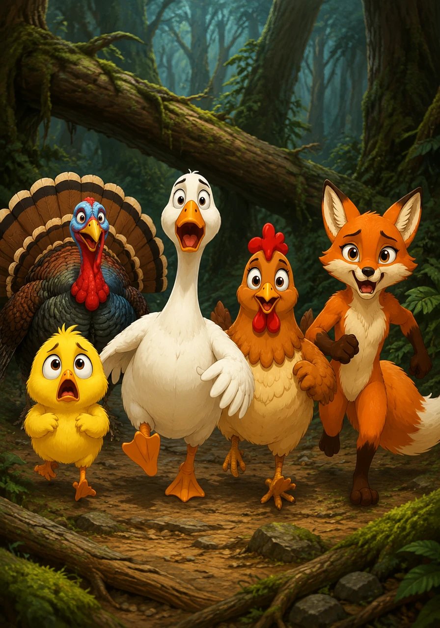As the group pushed deeper into the mysterious woods, a large, colorful turkey stepped out from behind a fallen tree. Curiously strutting over, the turkey asked why everyone looked so frightened and focused on their march. The goose quickly shared the dire news about the collapsing sky, convincing the turkey to join their frantic pilgrimage as they all rushed onward to find the king.