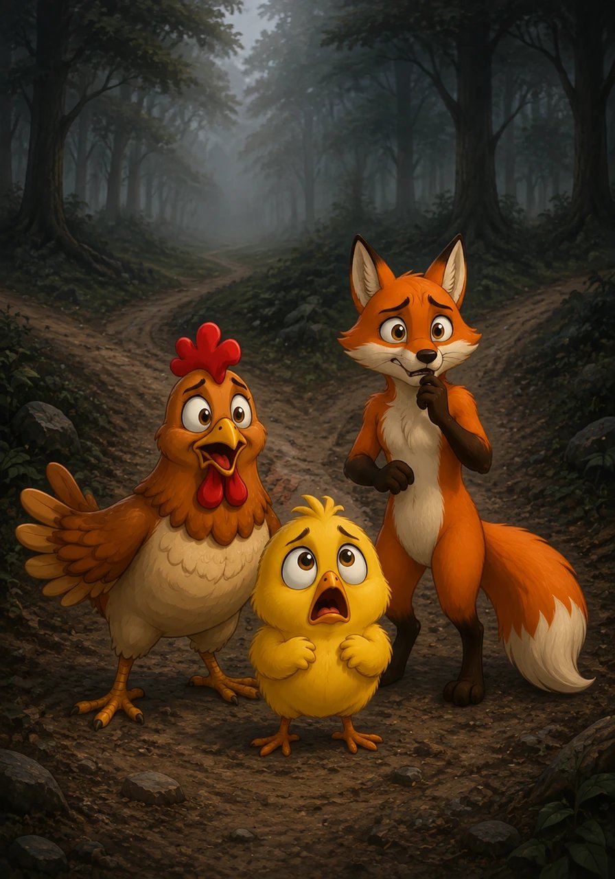 Despite their growing numbers and noble purpose, the frantic group suddenly came to a halt at a foggy fork in the woods. Looking around in confusion, they realized that not a single one of them actually knew the way to the royal palace. Panic began to spread as the birds looked at each other nervously, completely lost in the shadowy depths of the forest.