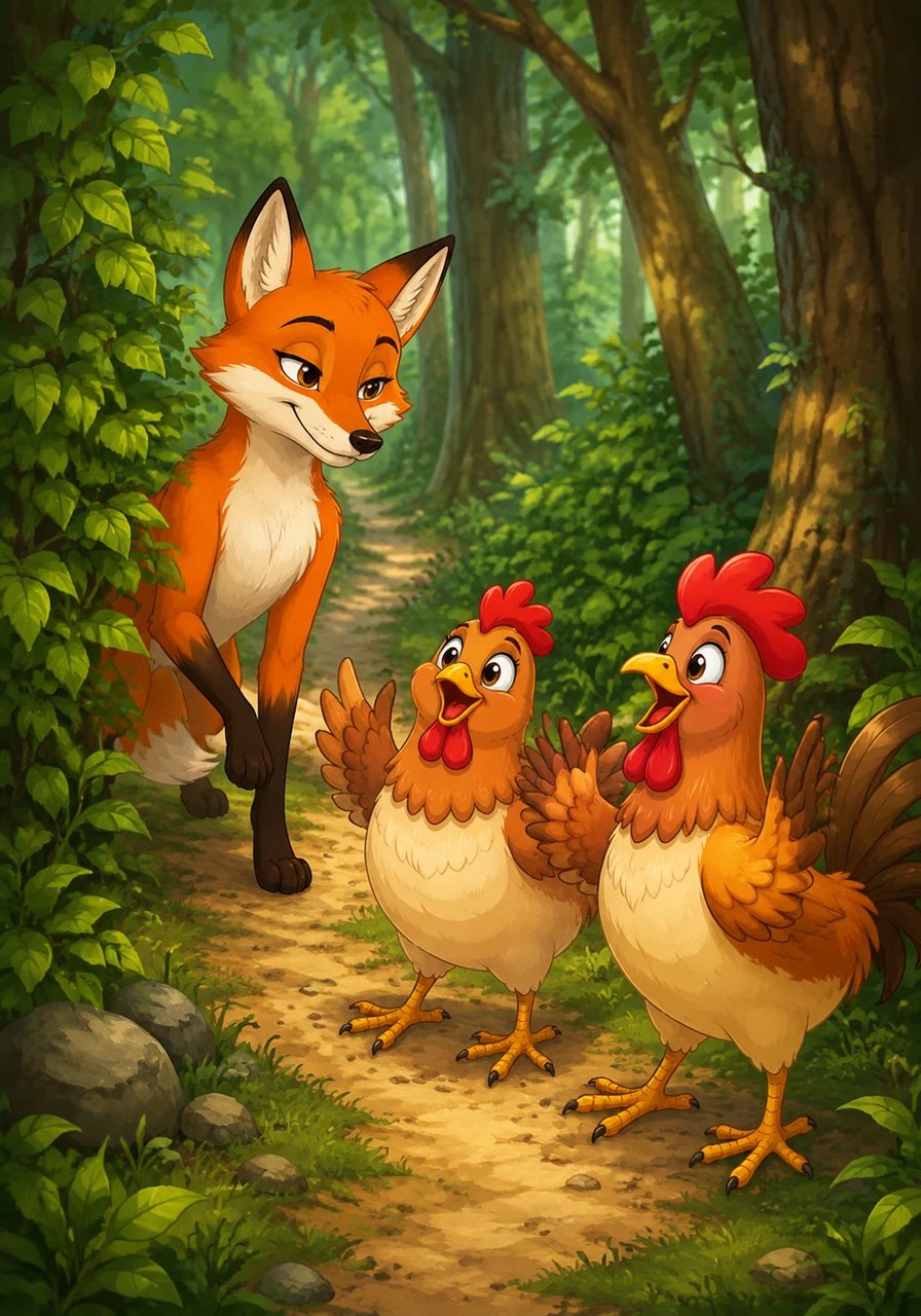 Just then, a sly fox emerged gracefully from behind a dense thicket with a smooth, comforting smile. She approached the worried birds and offered to guide them through the treacherous forest directly to the king's castle. Relief washed over the gullible animals, who cheered with joy and eagerly followed the fox down a narrow, hidden path.