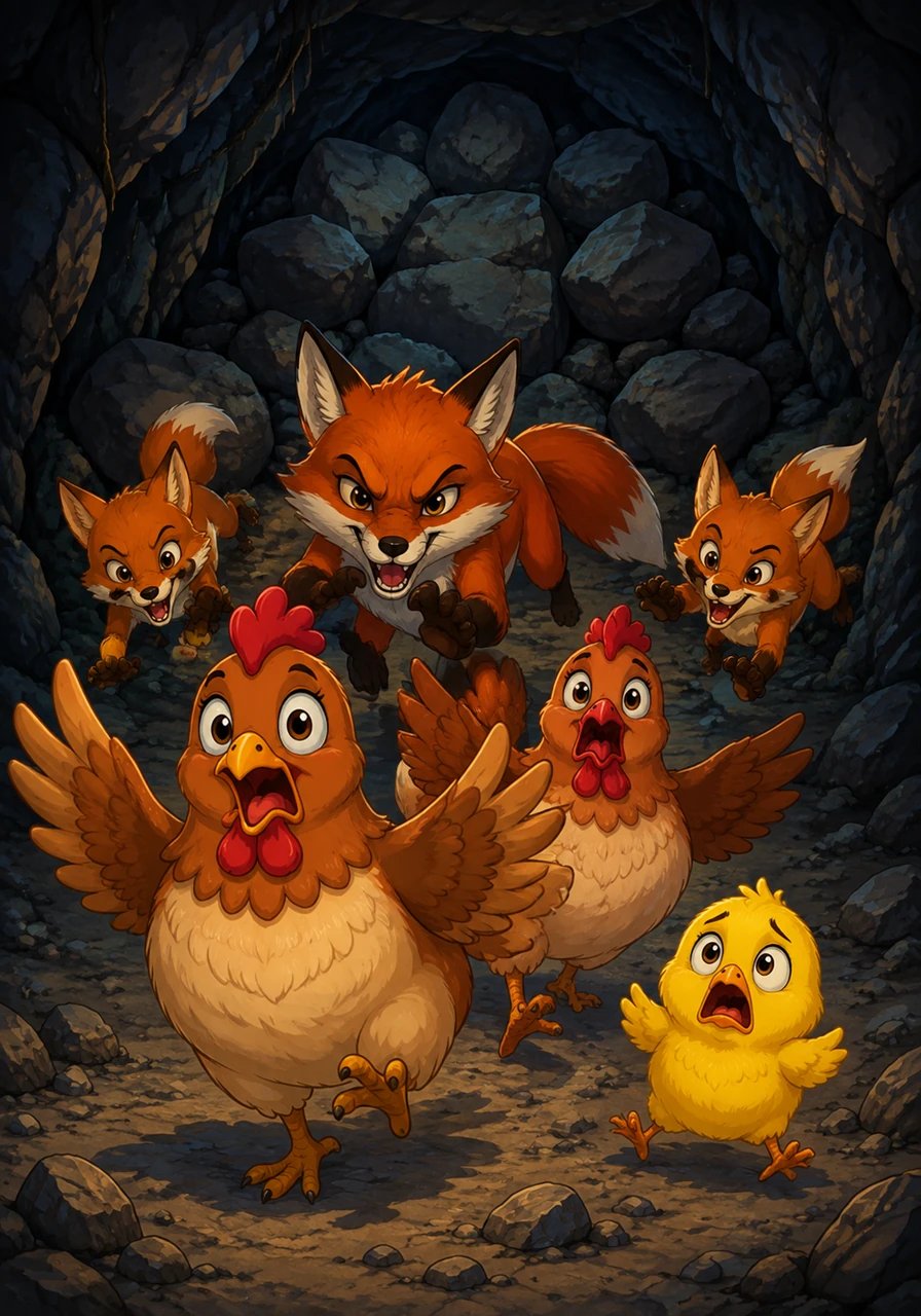 The sly fox led the unsuspecting travelers deep into a shadowy cave where her hungry fox cubs were waiting in anticipation. Realizing too late that they had been tricked, the poor creatures gasped in horror as the cave entrance was blocked behind them. The cunning fox family pounced on the gullible birds before any of them could flutter away or call for help.
