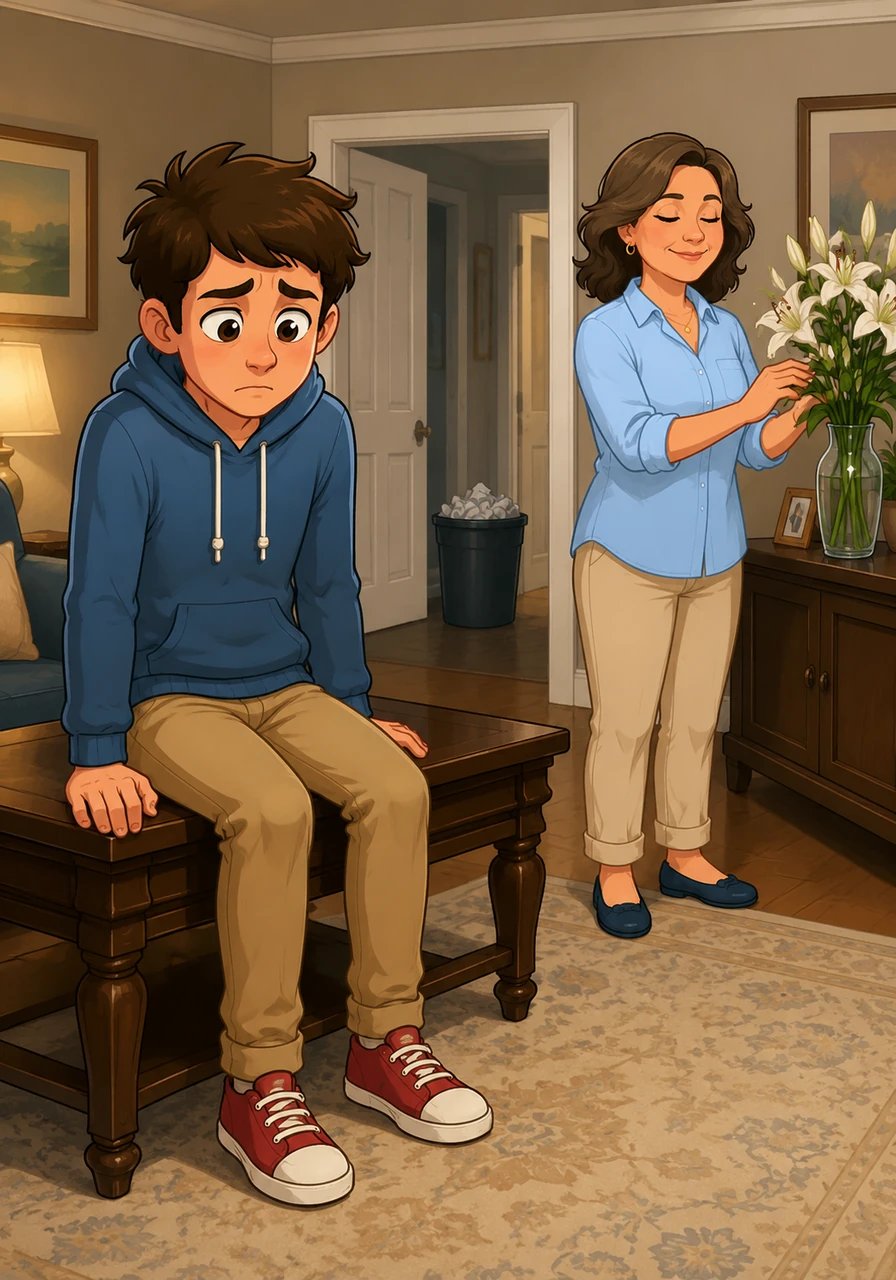 Christian sat on the edge of the polished mahogany coffee table, his legs dangling over a drop that felt like a cliffside. Across the room, his mother hummed softly as she adjusted a vase of fresh lilies, her serene face reflecting absolute peace. The acceptance letters to the university sat forgotten and gathering dust in the hallway trash bin.