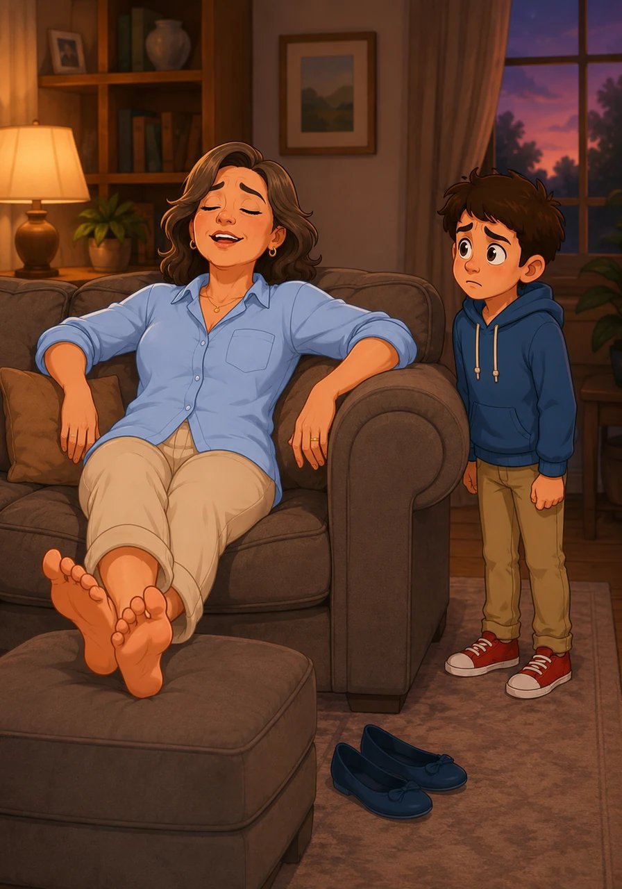 As twilight filled the living room, his mother sunk into the plush cushions of the sofa and let out a long, satisfied sigh. Christian stood by the armrest, the fabric towering over him like a velvet mountain, waiting for the quiet cue he had come to anticipate with a sinking heart. Without looking at him, she gently kicked off her designer flats, extending her nylon-clad feet onto the ottoman.