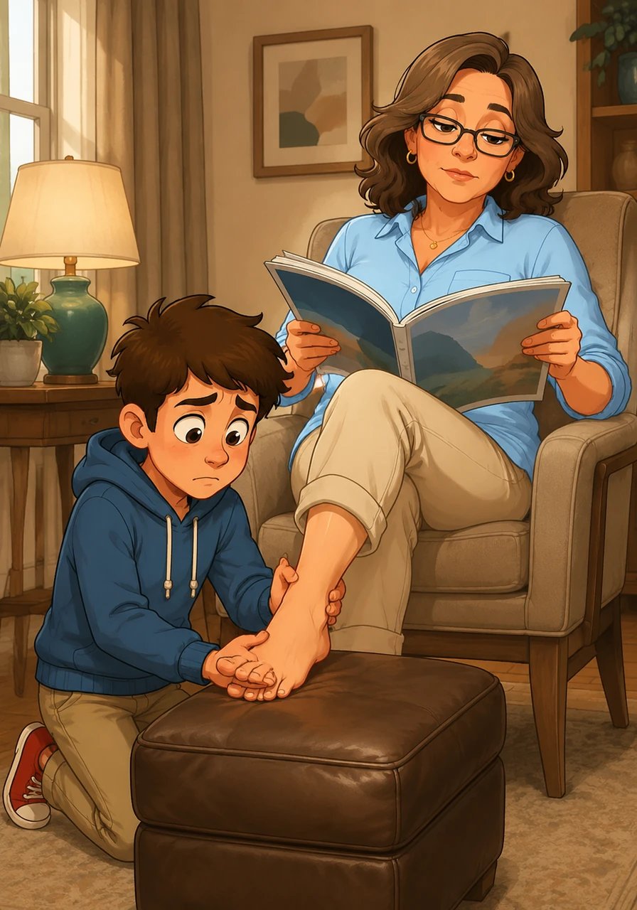 Christian knelt on the smooth leather of the ottoman, his small hands pressing against the massive, looming arch of his mother's foot to begin rubbing the tension away. She didn't thank him, nor did she look down; she simply adjusted her reading glasses and turned the page of her magazine with an air of absolute, natural entitlement. To her, this domestic arrangement was as proper and permanent as the architecture of the house.