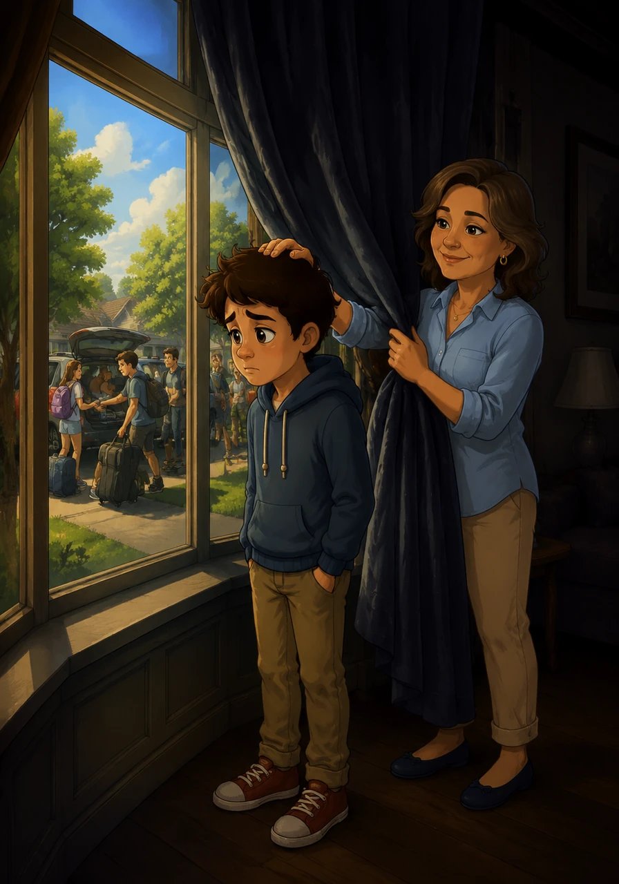 Christian looked out the towering bay window, watching the neighborhood teenagers pack their cars for college under the bright summer sun. Behind him, his mother gently closed the heavy velvet drapes, blocking out the light and wrapping the room in a permanent, suffocating twilight. She patted his head, softly noting that they were entirely self-sufficient and needed nothing else from the outside world.