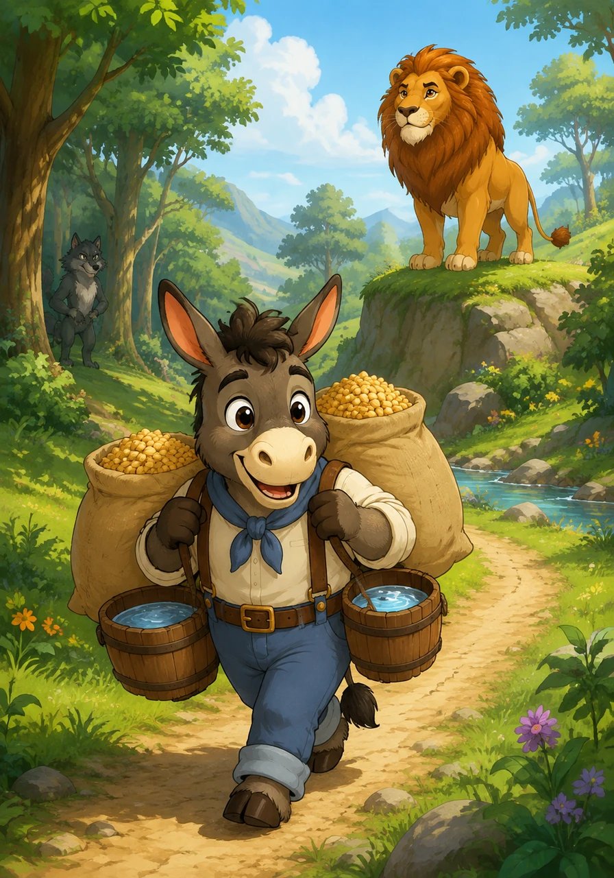In the lush, sunlit realm of Green Valley, King Lion ruled with wisdom and fairness, promising that every creature would be protected. Among his most dutiful subjects was Barnaby the Donkey, a hardworking soul who spent his days happily carrying heavy loads of fresh grain and cool river water to help his fellow woodland neighbors.