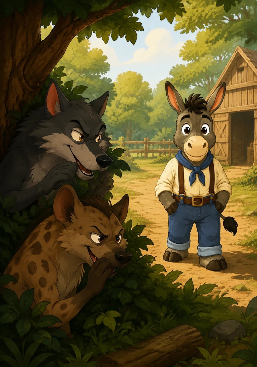 Barnaby possessed a heart of pure gold, but his innocent nature led him to believe that every animal shared his gentle honesty. Watching from the shadows, a clever Wolf and a greedy Hyena whispered scheming plans, realizing they could easily trick the unsuspecting donkey for their own gain.