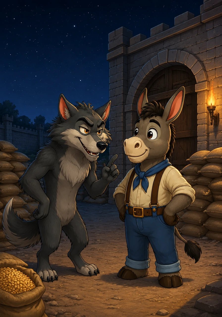 Pretending to be a devoted friend, the sly Wolf showered Barnaby with compliments and convinced him to take on the solemn duty of guarding the kingdom's central food store. Eager to serve his king and community, Barnaby proudly agreed to watch over the precious grain reserves throughout the quiet night.