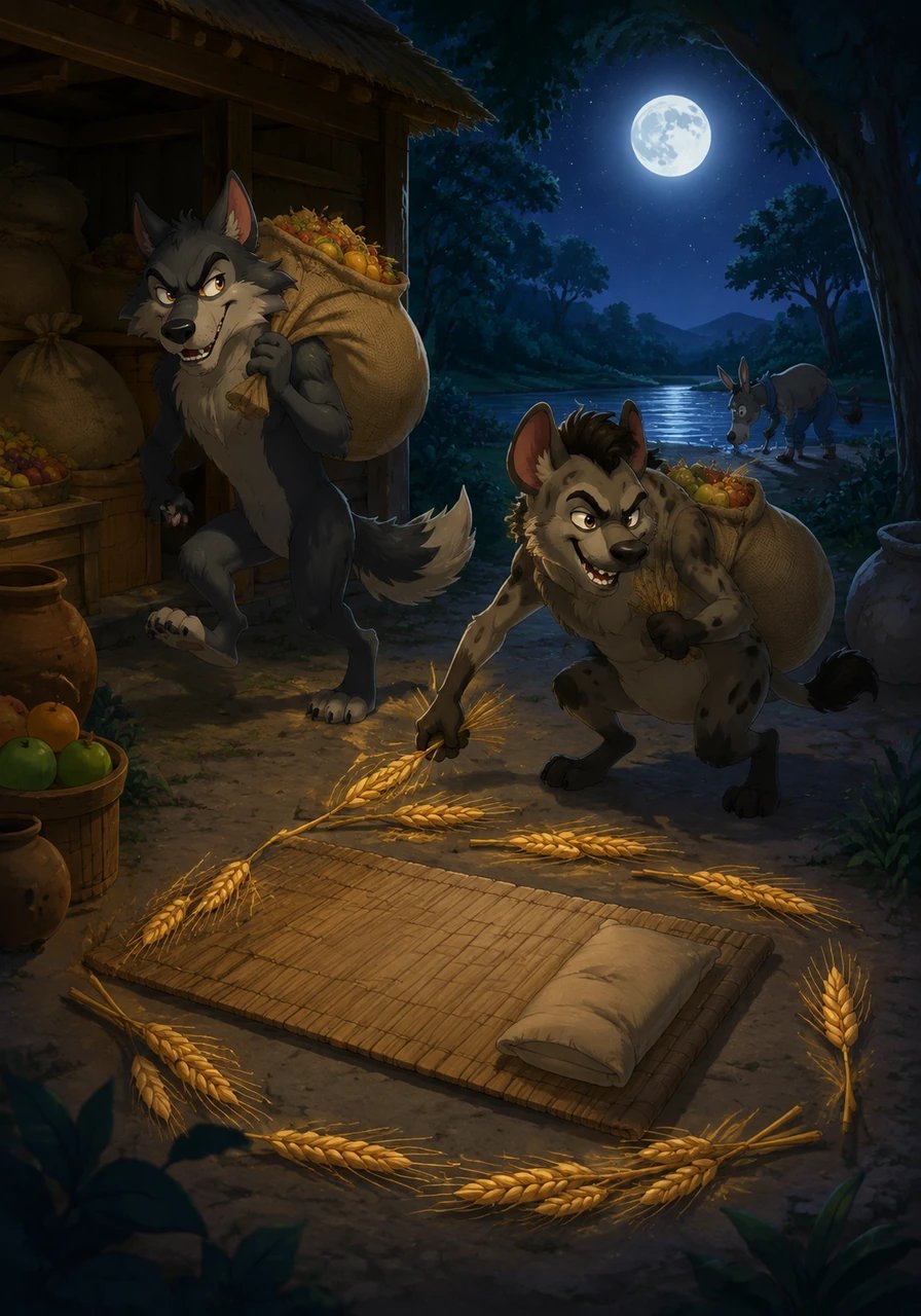 Under the cover of darkness, while Barnaby stepped away for a brief drink at the river, the Wolf and Hyena quietly raided the storehouse and stole sacks of delicious fruits and grain. To complete their wicked deception, they left stolen wheat stalks scattered around Barnaby's sleeping mat to make him look guilty.