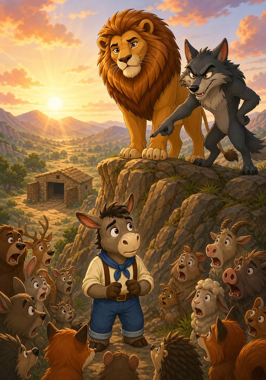 The next morning, gasps rang out across the valley as King Lion discovered the empty storehouse and summoned all the animals to the stone hill. The crafty Wolf immediately pointed an accusing paw at Barnaby, but King Lion paused, remembering the donkey's years of faithful service, and decided to search for the truth before passing judgment.