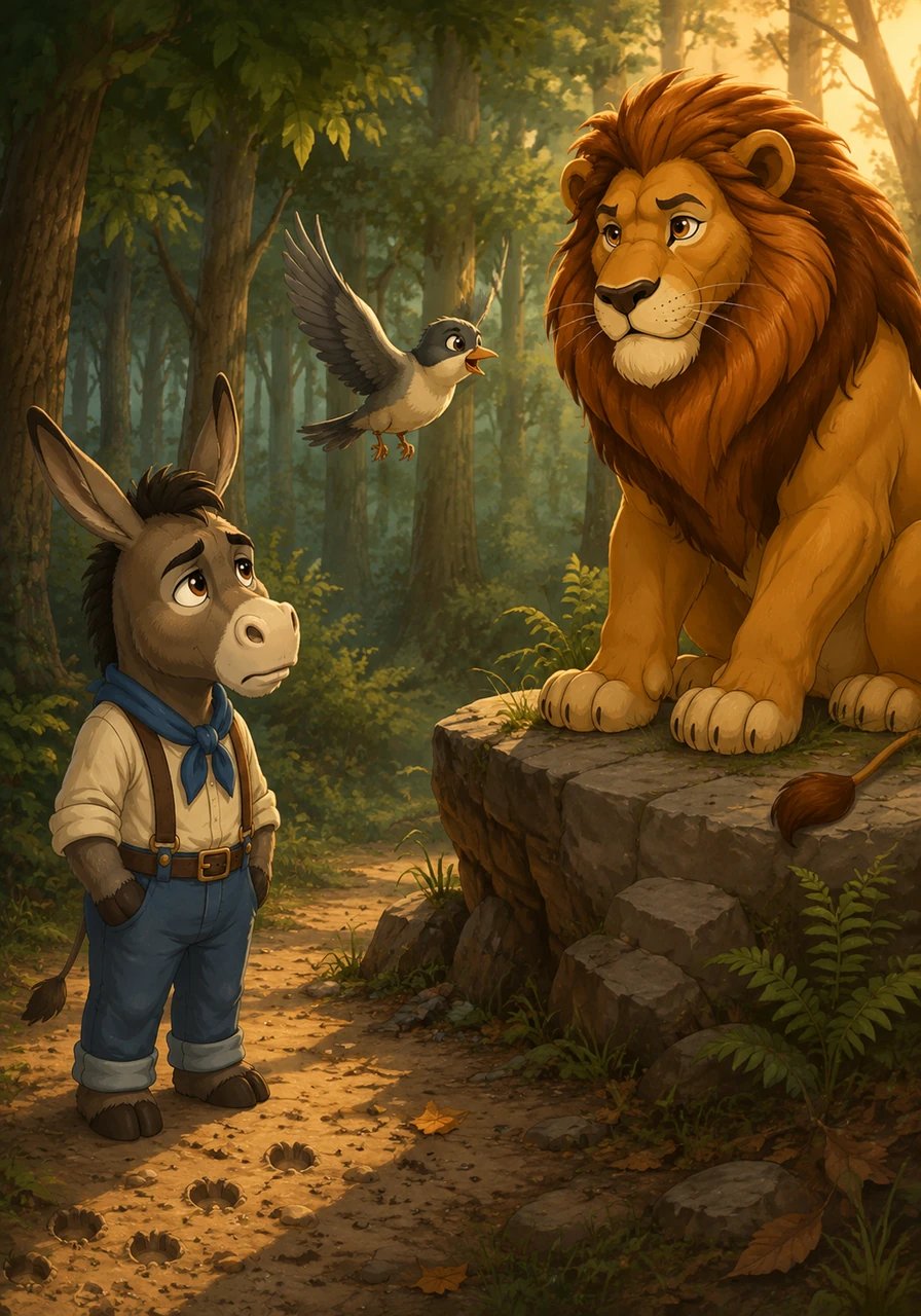 Though heartbroken by the false accusations, Barnaby chose not to hide in shame, remaining patient and holding fast to his truth. Nearby, a perceptive little songbird noticed subtle tracks leading into the dense forest and flew directly to King Lion to report what she had witnessed from the treetops.