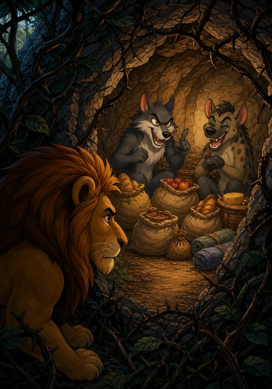 Guided by the songbird's directions, King Lion silently tracked heavy footprints deep into the woods, discovering a hidden cavern tucked behind wild brambles. Inside sat the missing sacks of food, guarded by the Wolf and Hyena, who were boasting aloud about how perfectly their scheme had framed the gentle donkey.