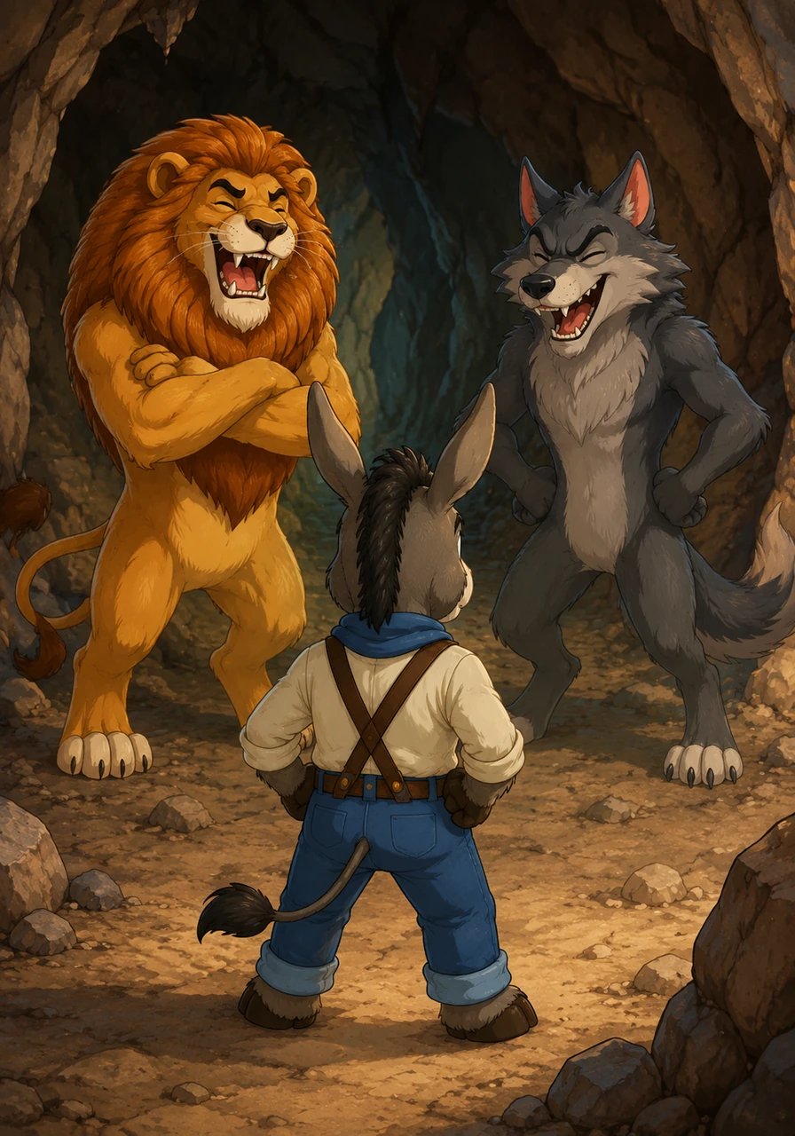 Emboldened by his desire for justice, Barnaby arrived at the cavern just in time to hear the villains laughing over their trickery. Stepping forward with newfound courage, the humble donkey confronted the dishonest duo, showing no fear as he stood up against their greed.