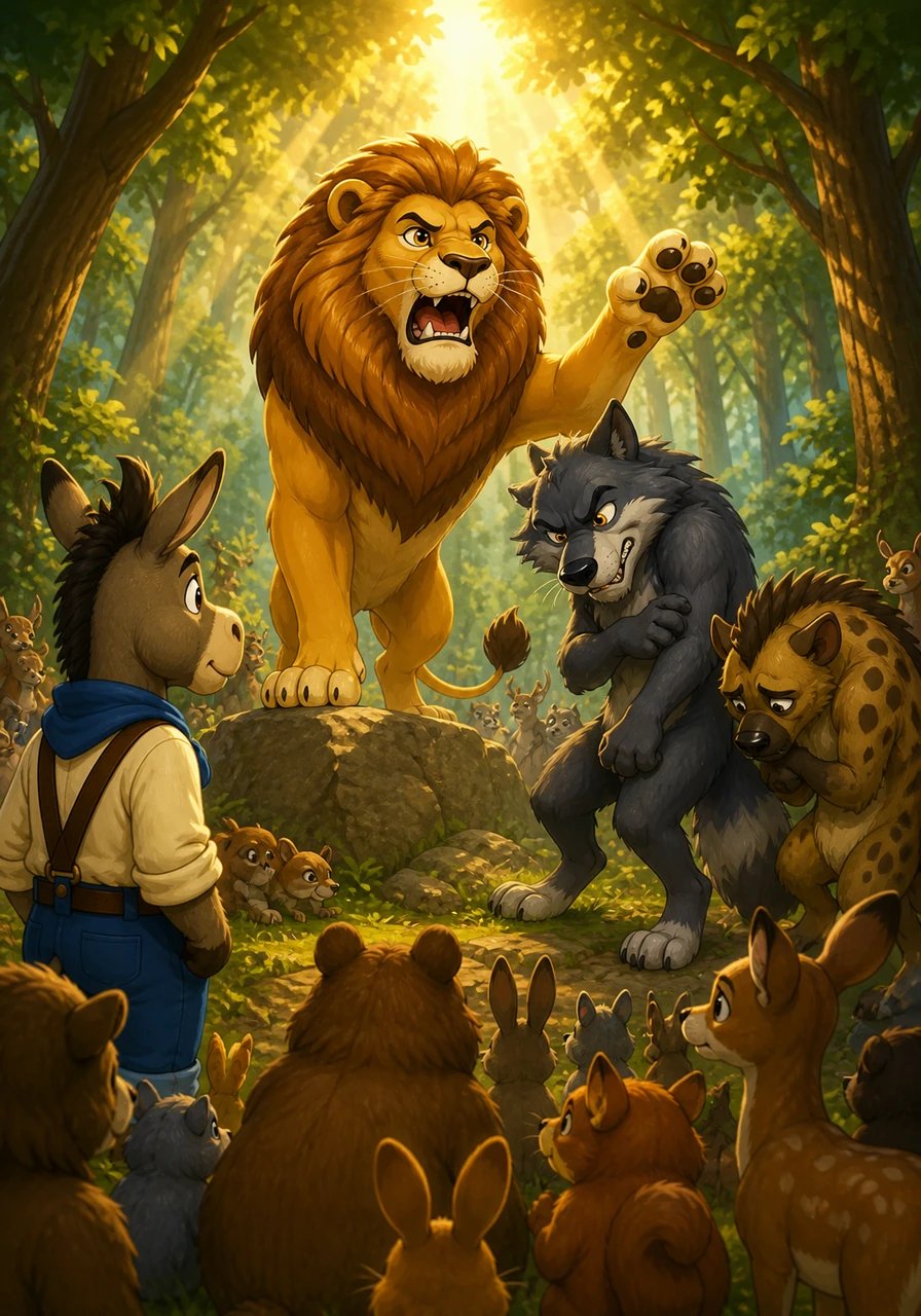 King Lion emerged from the shadows with a mighty roar, exposing the deceitful Wolf and greedy Hyena before all the gathered creatures of Green Valley. Ashamed and trembling, the tricksters were banished from the kingdom, while the truth shone bright and clear for everyone to see.