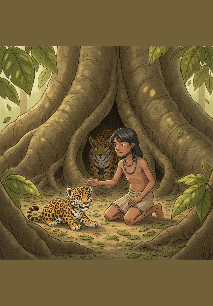 Bajo las raíces monumentales de una ceiba milenaria, Yara descubre a una pequeña cría de jaguar que llora desconsolada. Sus ojos color ámbar están empañados por el miedo, y Yara se arrodilla para consolarla mientras las hojas cercanas brillan con una luz suave y reconfortante.
