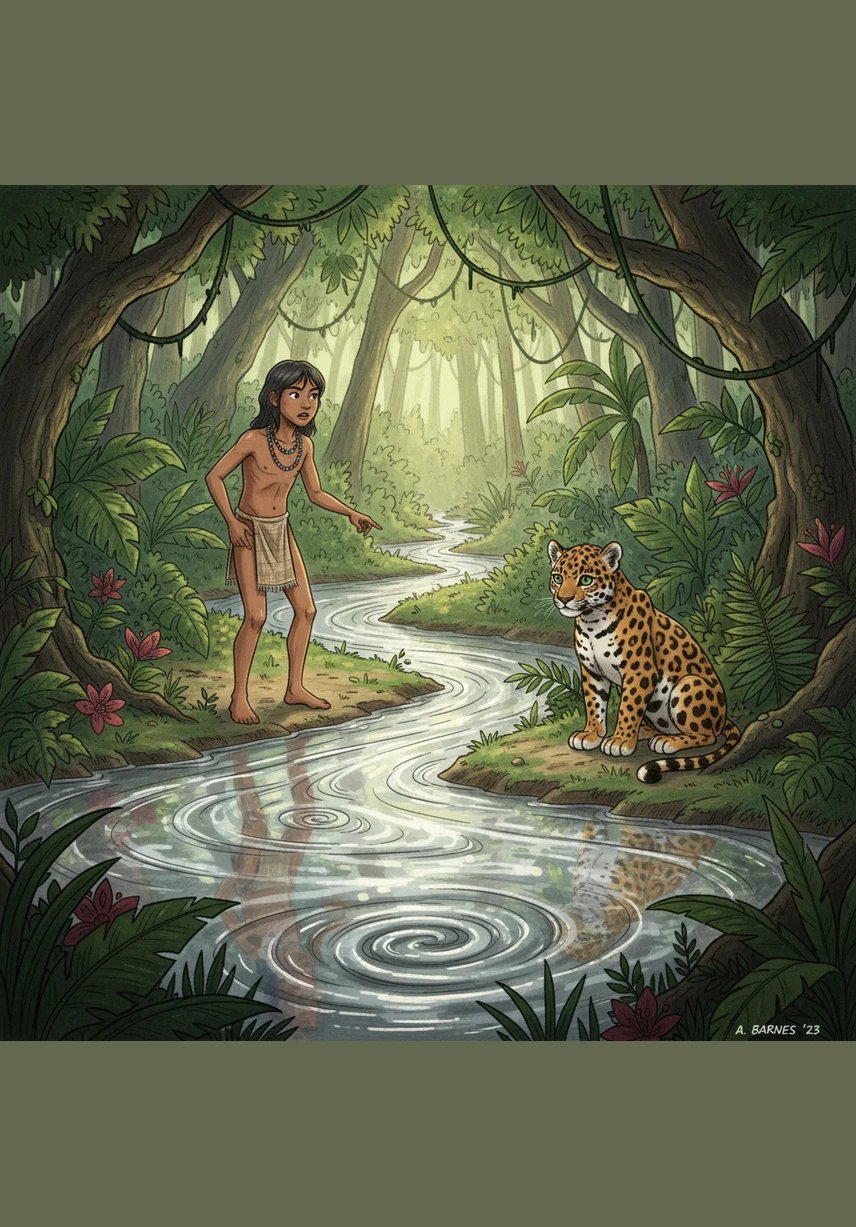 El camino se ve interrumpido por una marea interminable de hormigas guerreras que cruza el suelo como un río oscuro. Yara le pide ayuda a los juncos de la orilla, que se entrelazan mágicamente para formar un puente natural por el que él y el jaguar pasan sin peligro.