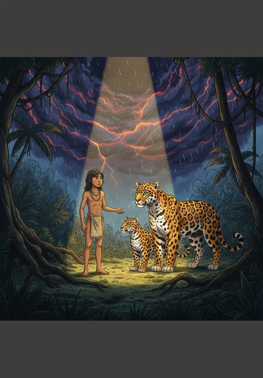 De repente, el cielo se torna de un color violeta intenso y una tormenta tropical estalla con una fuerza sobrecogedora. Los relámpagos iluminan la selva con destellos cinematográficos mientras el viento ruge entre las ramas, asustando al pequeño cachorro.