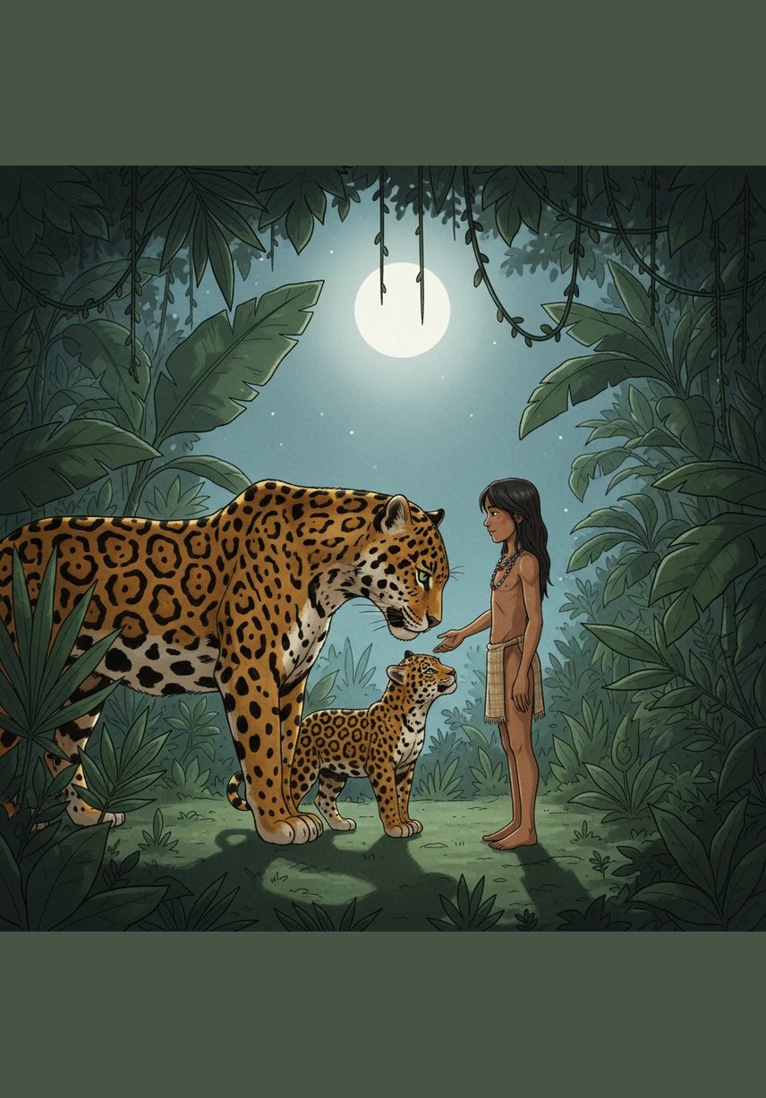 Desde las sombras de la vegetación emerge la madre jaguar, una criatura imponente con un pelaje que brilla como el oro bajo la luz de la luna. Tras un reencuentro lleno de ternura con su cría, la gran felina inclina su cabeza ante Yara en señal de profundo respeto y gratitud.