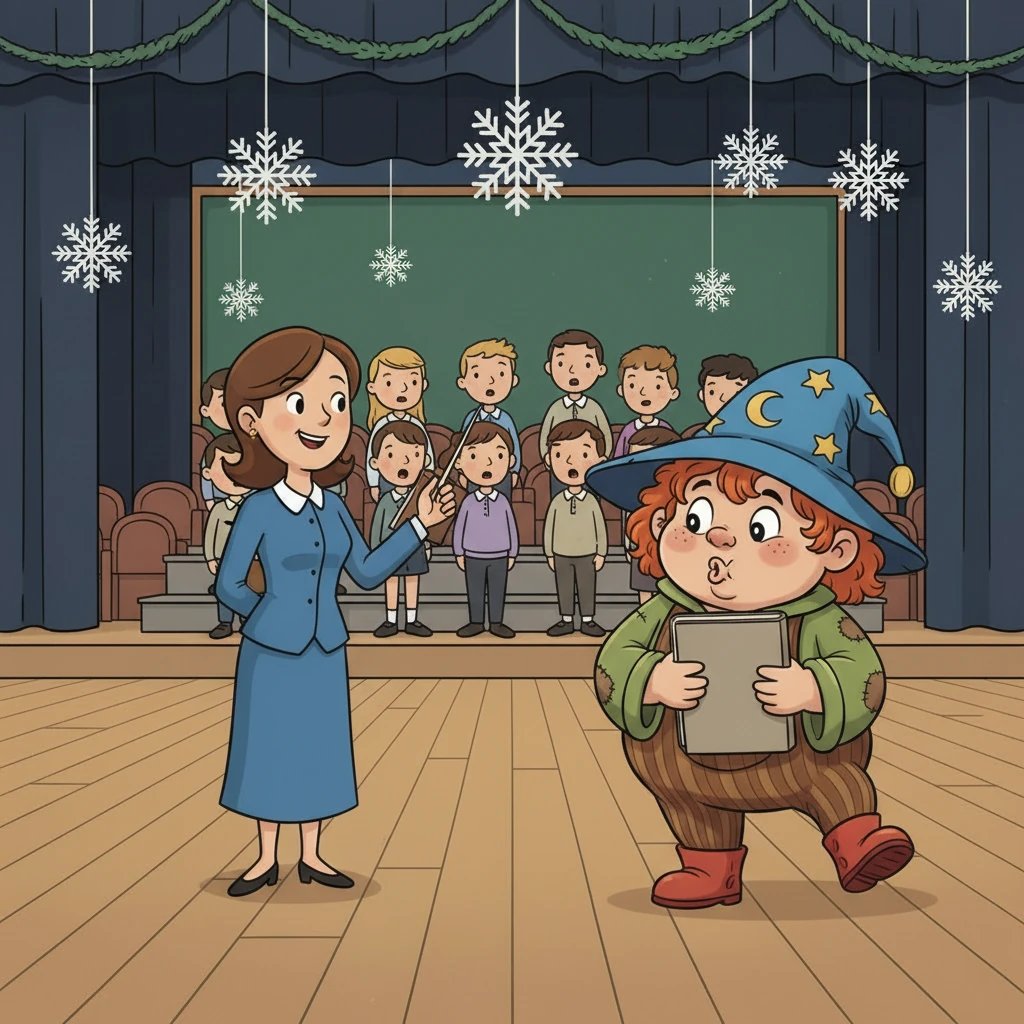 Mentre la maestra di musica batteva il tempo, Giù preferiva dondolarsi sui talloni e fare smorfie ai suoi amici. I suoi compagni aprivano la bocca per intonare le prime note, ma Giù faceva solo rumori buffi. Non gli andava proprio di cantare le canzoni di Natale.