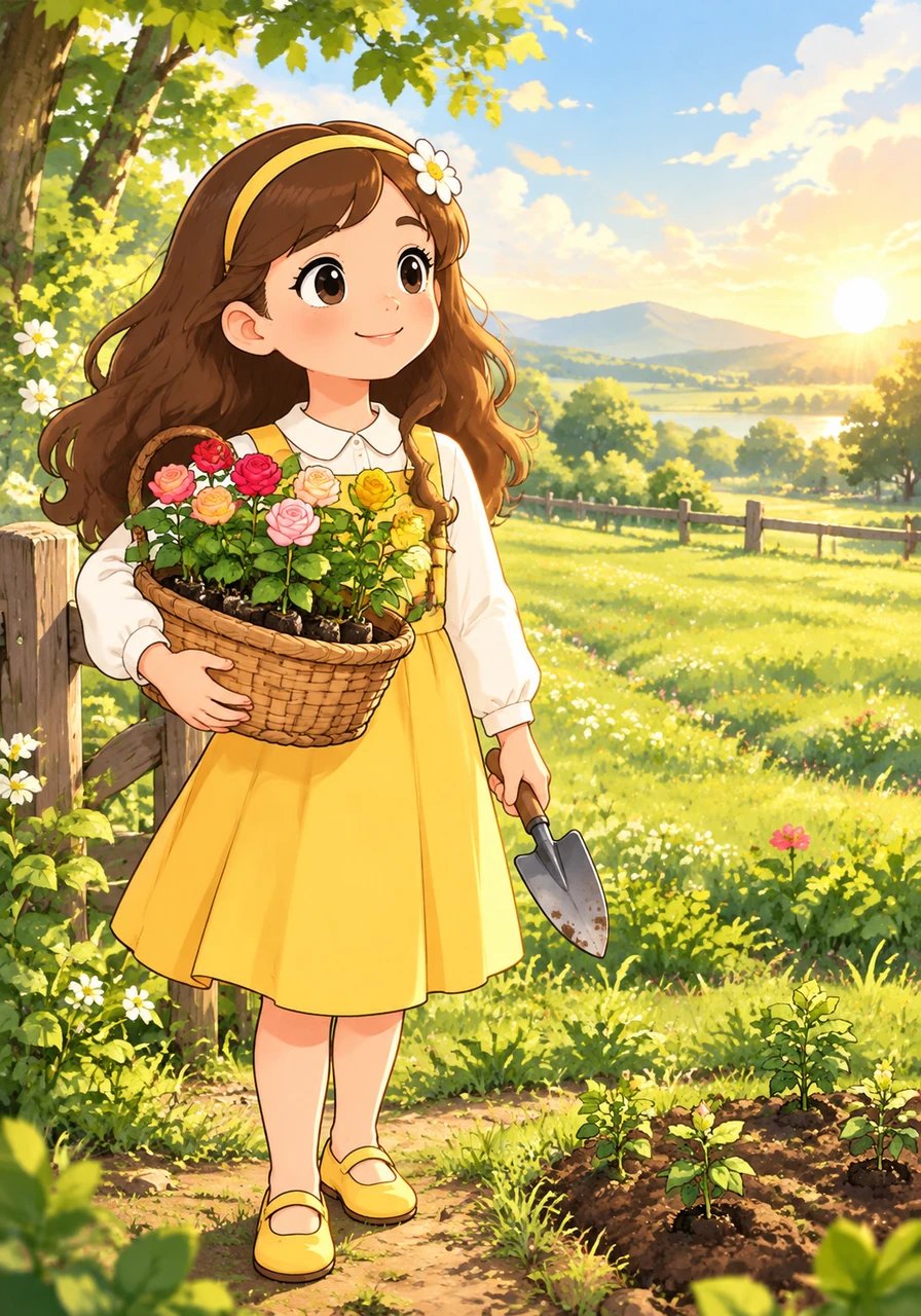 Flora stands at the entrance of a quiet, sunlit meadow holding a wooden basket filled with rose saplings of every variety. Looking across the tranquil space, she remembers her grandmother's tender wisdom: 'A solitary flower is sweet, but a garden shared is a paradise in full bloom.' With a hopeful heart, she prepares her trowel to begin planting a sanctuary of connection.
