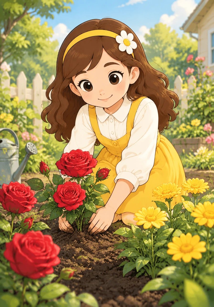 Flora plants rich crimson Damask roses alongside radiant yellow Sunsprite blooms into the rich earth. The contrasting scents and vibrant colors blend effortlessly into the gentle breeze. 'Variety is the spice of conversation,' Flora whispers, admiring how different blossoms seem to brighten one another when standing side by side.