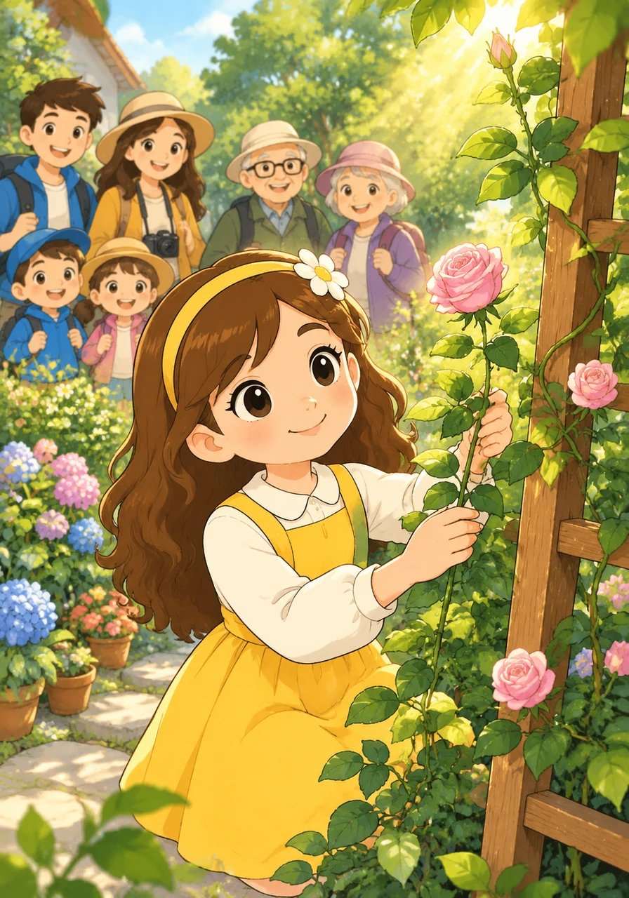 A shy pink climbing rose leans away in the shade, unsure of its place among the taller bushes. Flora gently guides its soft stem toward a sturdy wooden trellis, whispering, 'To find true warmth, one must reach out a hand—or a petal—toward the light.' Slowly, the timid bloom turns to face the sunshine.
