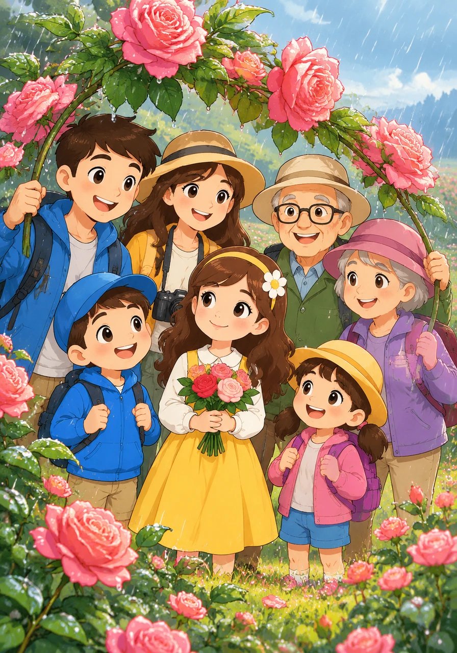 A gentle summer shower sweeps across the meadow, sparkling like scattered gems on the soft petals. The roses tilt together, sharing shade and shelter against the heavy drops. Flora watches how standing side by side makes even the stormiest afternoon feel cozy and gentle.