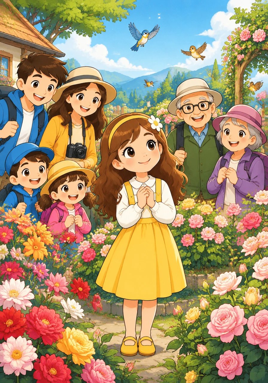 Grandifloras, moss roses, and delicate tea roses cluster together in lively round beds, forming a tapestry of vibrant tones. 'True sociability is not about blooming the loudest, but about harmonizing in a choir of color,' Flora realizes as birds join the lively melody overhead.