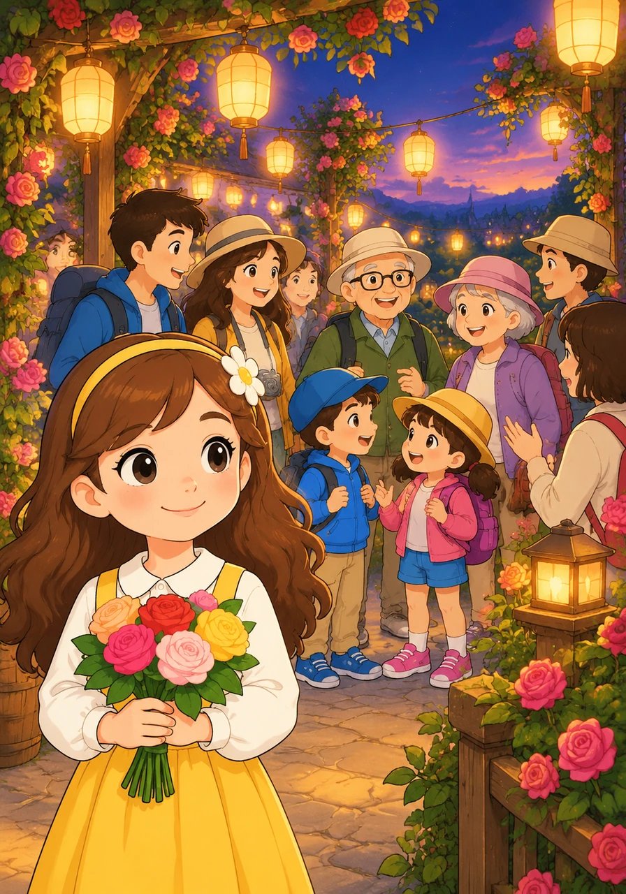 As twilight falls, golden lanterns are hung among the rose trellises, casting a glowing light over cheerful faces. The pleasant hum of conversation lingers under the evening sky. 'Human hearts, much like roses, thrive best when gathered in good company,' Flora thinks, gazing at the happy crowd.