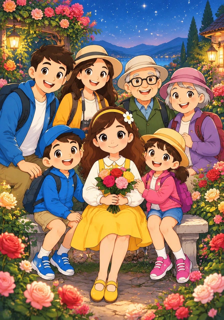 Under a velvety canopy of bright stars, the rose garden glows with color, warmth, and enduring friendship. Flora leans back against a stone bench, surrounded by blooming roses of every shade and the people she loves. She celebrates the sweet truth that an open heart creates a garden that will bloom forever.