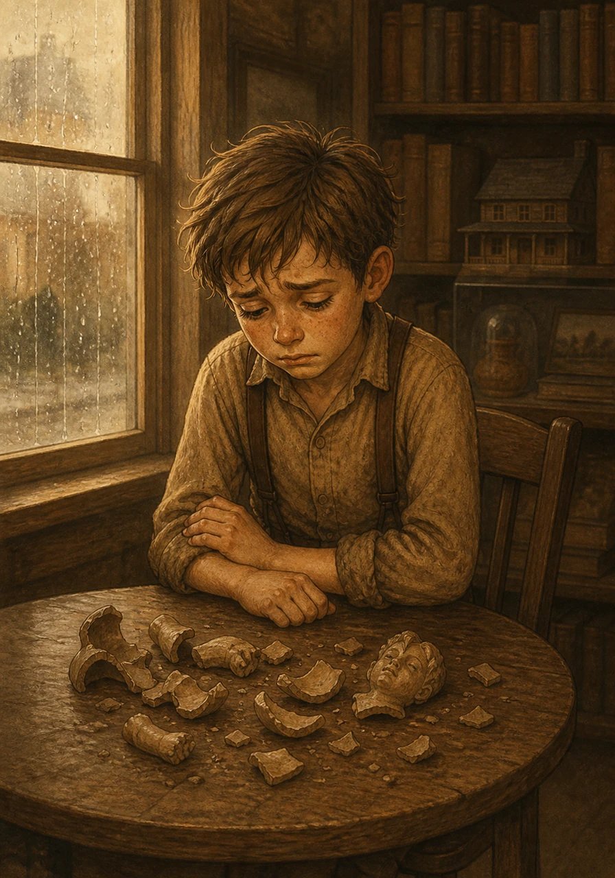 Rainy afternoons usually meant solitude at the Oakridge Town Library, Leo's favorite sanctuary. Tucked in the furthest alcove of the local history section, ten-year-old Leo sat nursing a heavy heart. Just that morning, he had accidentally knocked over his sister's cherished clay sculpture and hidden the broken pieces beneath his bed.