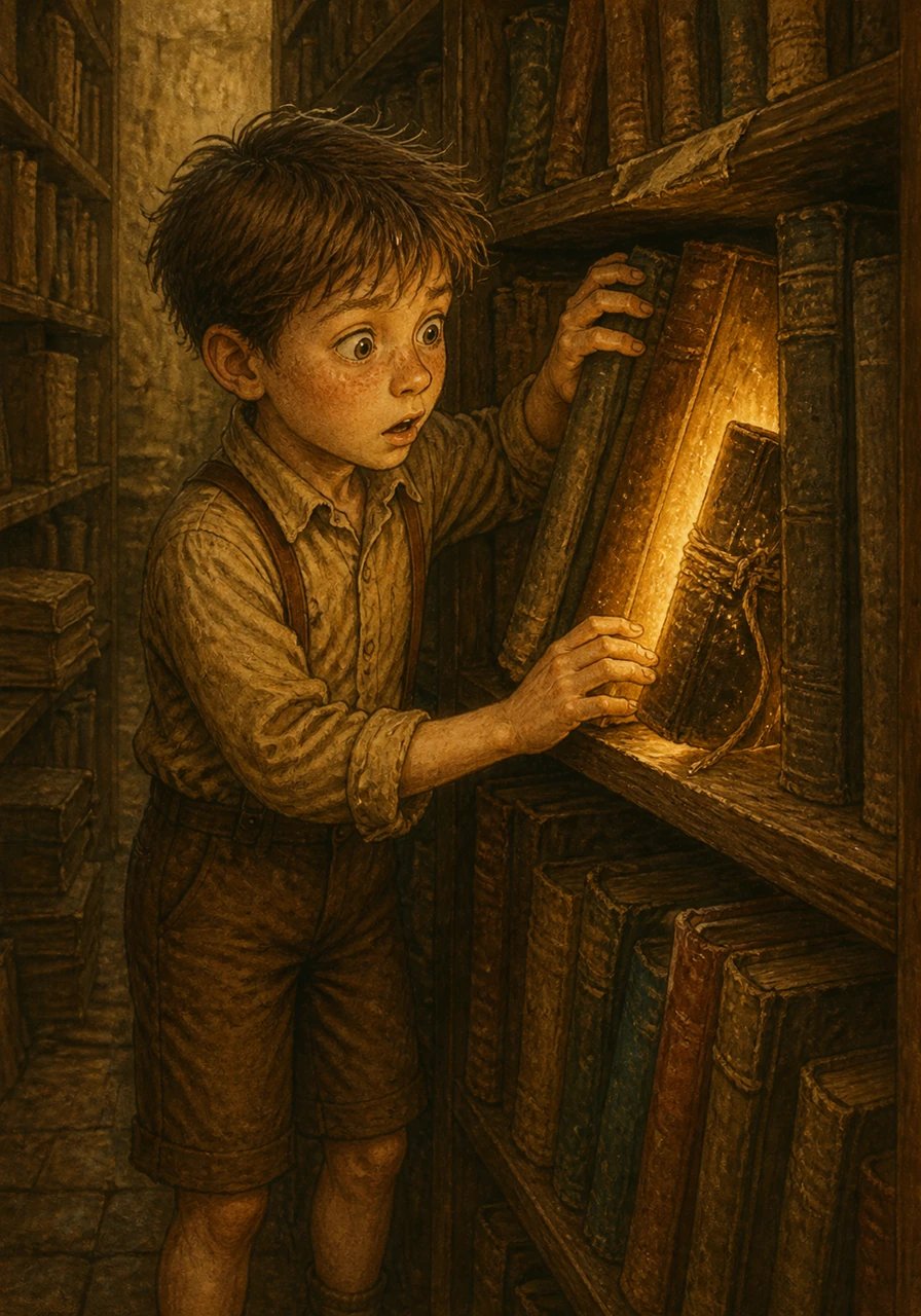 Wandering down the narrow aisle, a flick of gold light caught his eye from behind a row of crumbling encyclopedias. Pushing aside the heavy volumes, Leo discovered a nameless, leather-bound journal wrapped in weathered silver thread. Its spine hummed with a faint vibration, warm to his touch.