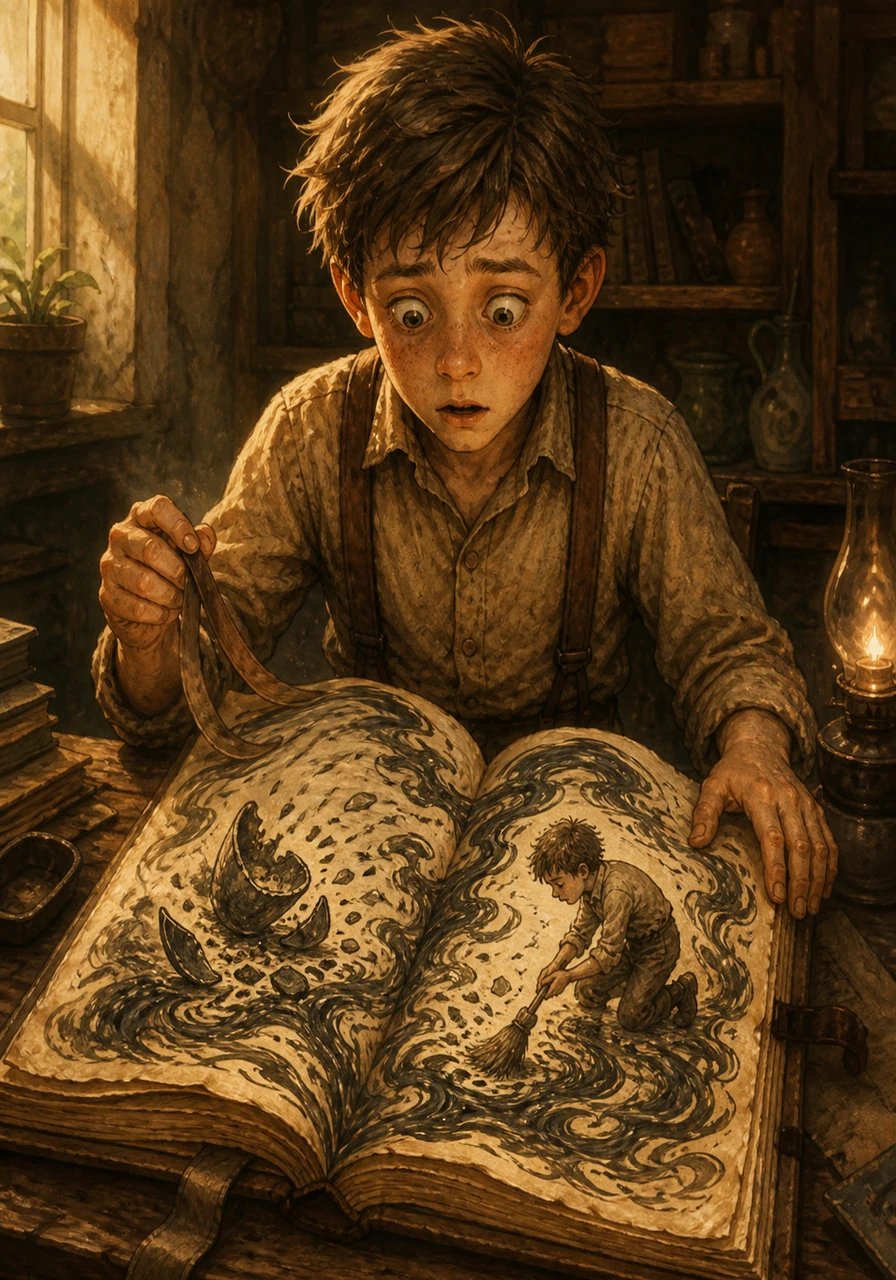 As Leo untied the ribbon and flipped open the blank parchment, the pages began to ripple like quiet water. Dark, shimmering ink crawled across the paper on its own, forming neat handwriting that detailed his exact morning. The words described the sound of the ceramic cracking and his pounding heartbeat as he swept the evidence away.