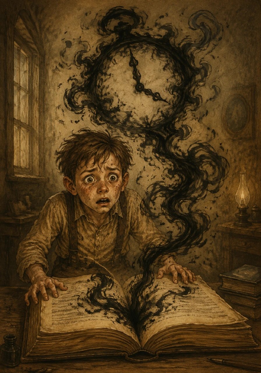 The swirling ink stretched across the page, forming a ticking clock made of dark mist and bold lettering. A fresh line appeared below: if the secret remained hidden by sunset, the book would reveal the truth to his family itself. Leo felt a cold spike of panic, realizing he was running out of time.