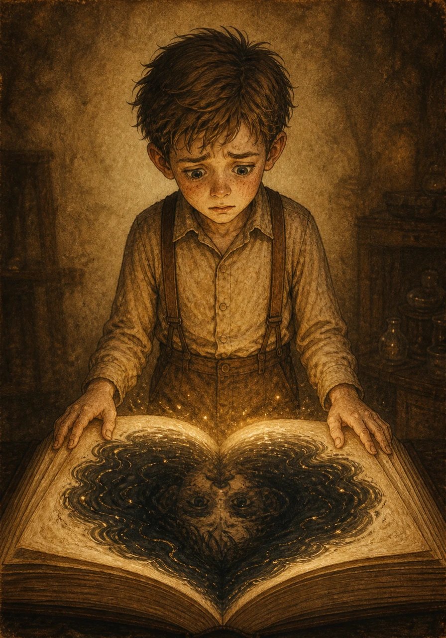 Staring at the pulsing words, Leo noticed something subtle beneath the unsettling illusion. The magical book was not malicious or cruel; it was acting as a mirror, reflecting his own heavy guilt back to him. The only way to stop the ink from spreading was to take ownership of his mistake.