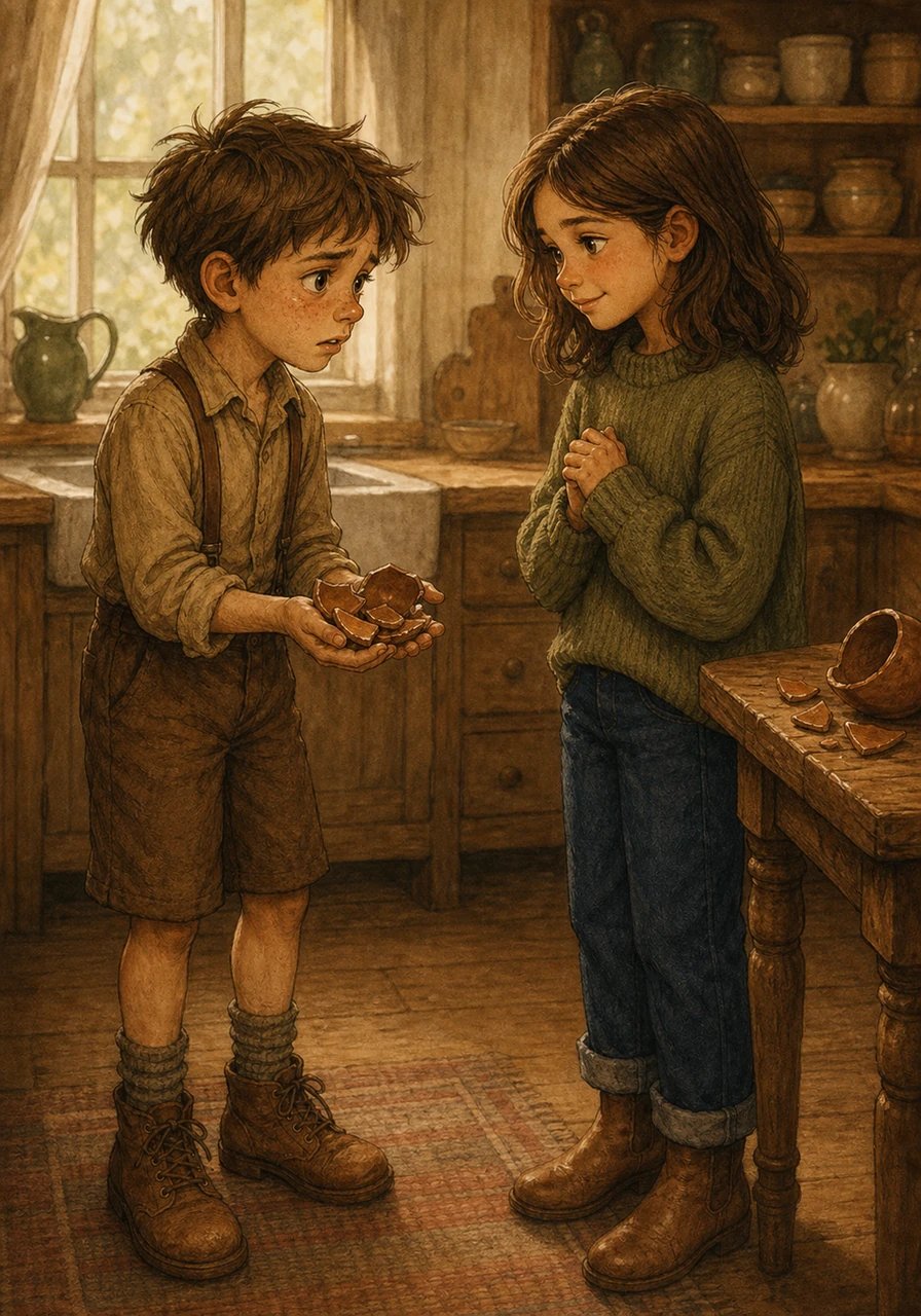 Leo rushed out of the library doors and sprinted all the way down Elm Street, his chest heaving as he burst through his front door. Gathering his courage, he found his sister in the kitchen, confessed everything, and pulled the broken clay pieces out from under his bed. Though she was initially upset, her expression softened when he offered to help rebuild it.