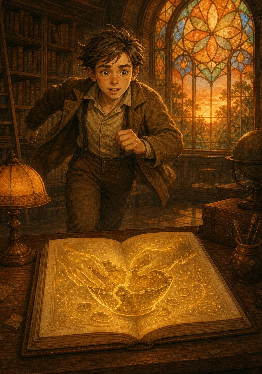 Breathless but immensely relieved, Leo hurried back to the library before the sun dipped below the horizon. On the wooden table, the strange journal lay open under the stained-glass window. The dark, restless ink had transformed into shimmering gold, displaying a beautiful drawing of two hands holding glued pieces of pottery together.