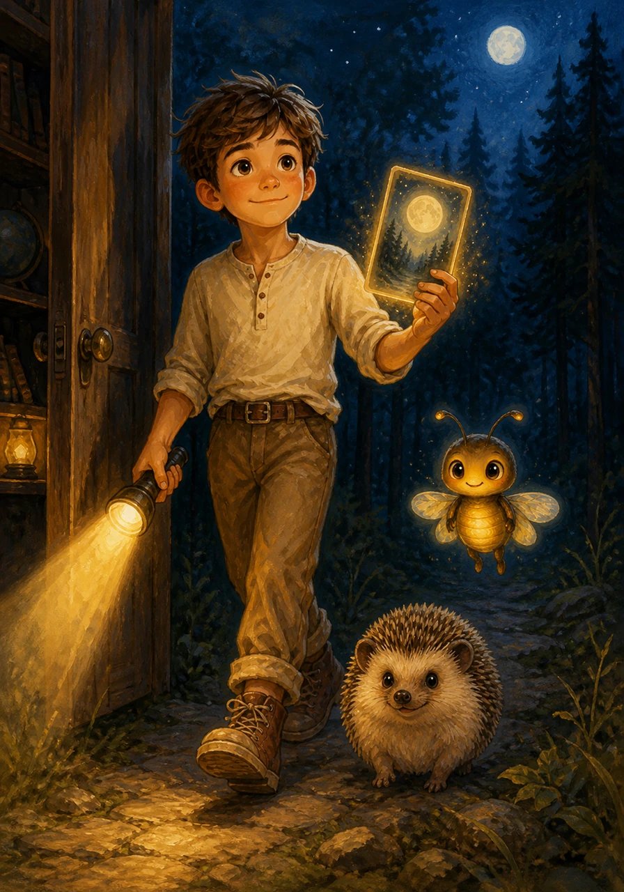 One evening, a young boy named Leo discovered an old deck of Tarot cards in his room. He drew a card depicting a glowing Moon hovering over a dark, mysterious forest. Whispering his quiet fear of the dark, Leo was amazed when the Moon on the card suddenly shimmered with gentle light, encouraging him to face what he feared most. Holding his flashlight tight, Leo bravely stepped out into the night and toward the shadowy woods.