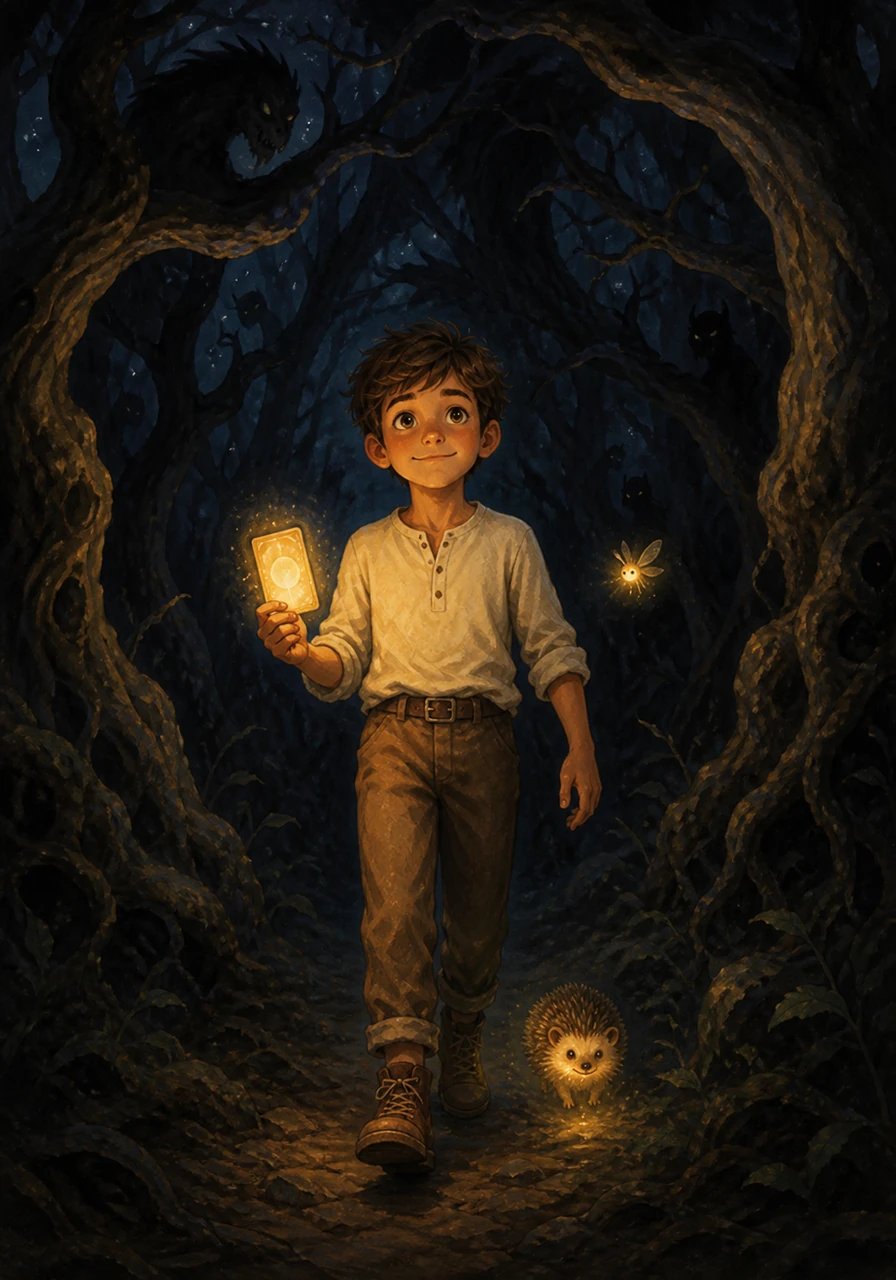 Deep inside the forest, complete darkness surrounded Leo on all sides. The towering tree branches looked like long, stretching arms, and the twisting shadows resembled giant monsters. Stopping in his tracks, Leo felt his heart race with fear. Remembering the glowing Moon card, he gathered his courage and took one small, brave step forward, and then another.